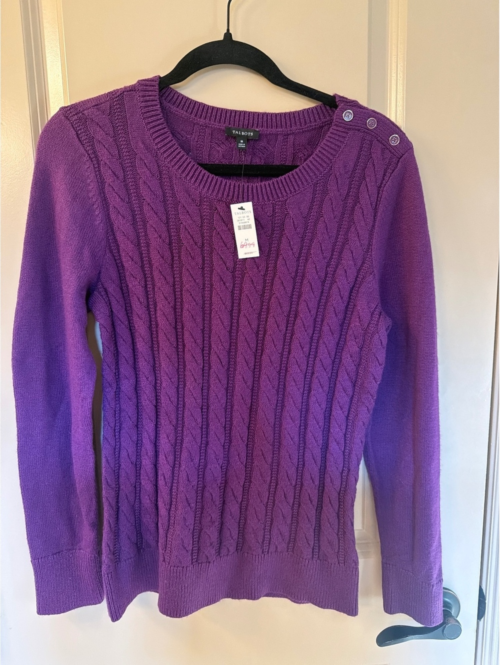 Talbots Purple Cable Knit Sweater with Shoulder Buttons, Size Medium